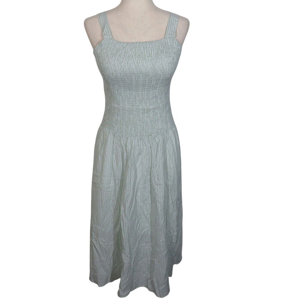 OGL Green Striped Smocked Square Neck Side Pocket Midi Brami Dress Size Small